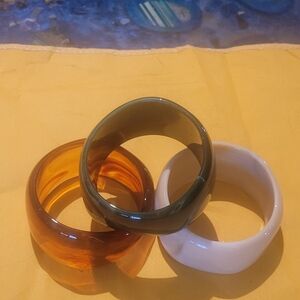 Set of Three Chunky Acrylic Bangles - Tortise  Green, and White